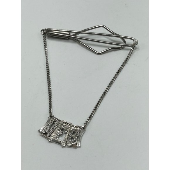 Vintage Tie Bar with Chain Dangling Monogram WFB Sterling Silver & Marcasites - Picture 5 of 9